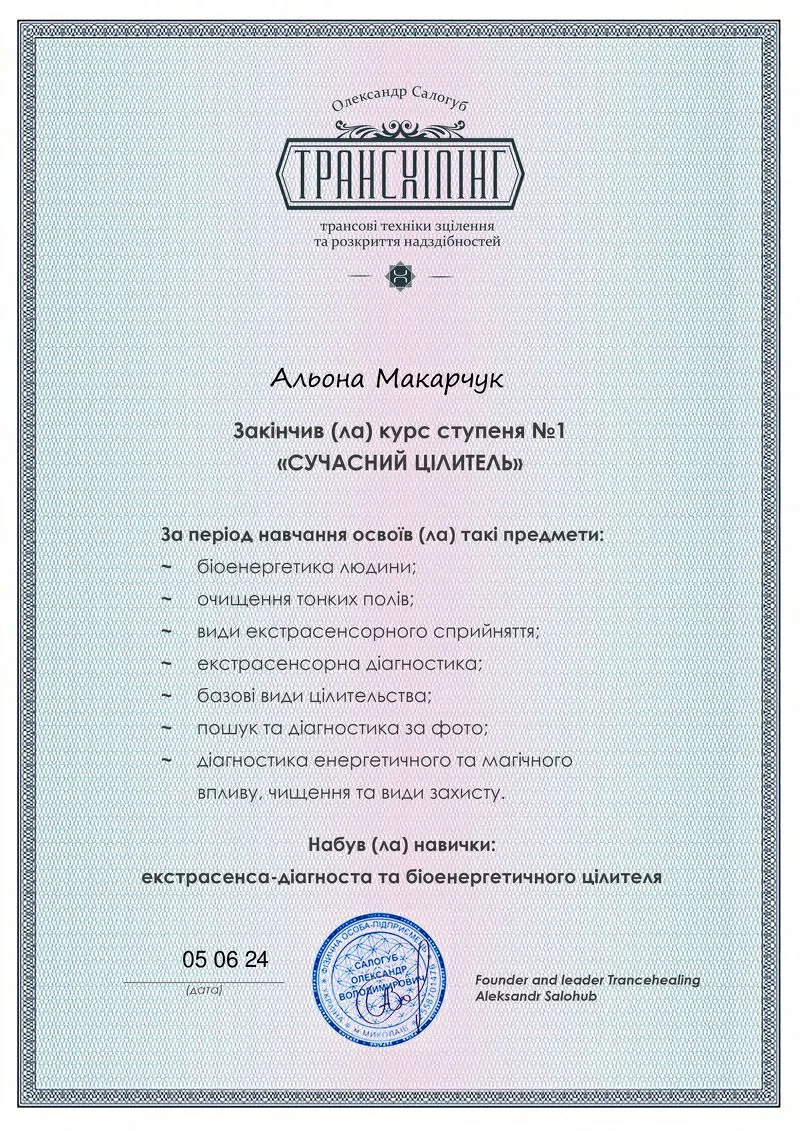 Міжнародна Школа Трансхілінгу. Сучасний Цілитель 1 ступінь