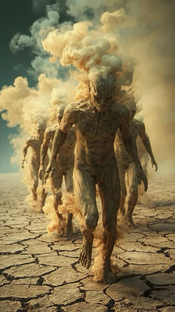 Містичні постаті з диму йдуть по розтрісканій пустелі - символ страху і тривоги, які забирають енергію з людини