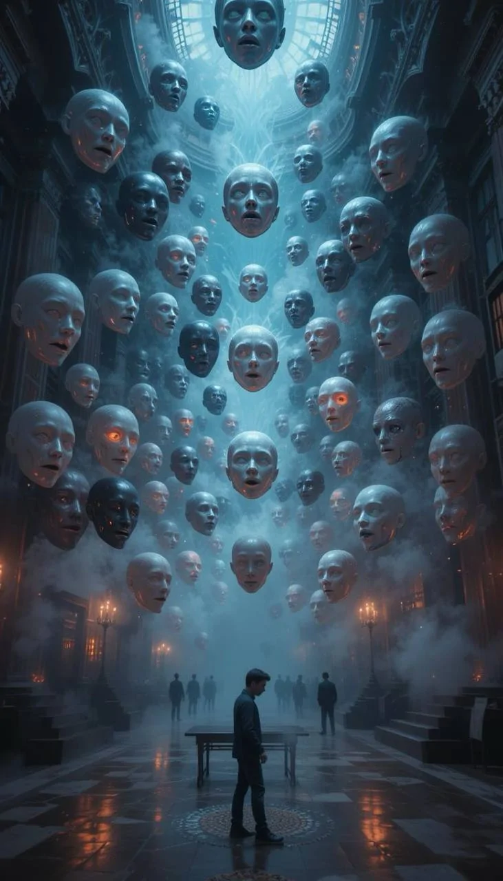 Людина в залі з літаючими масками-обличчями навколо неї - символ образи і гніву, які висмоктують енергію життя.