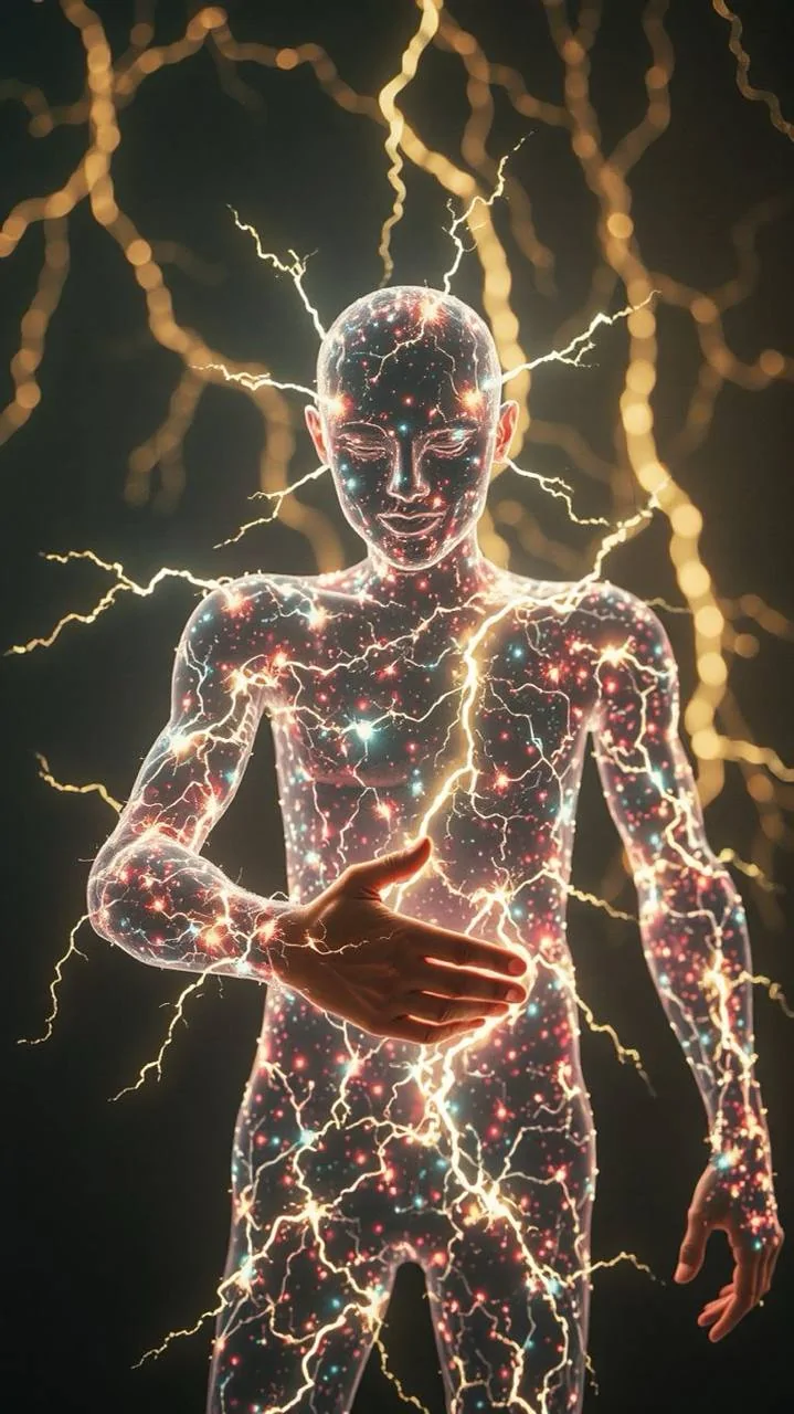 Енергетична фігура людини, пронизана блискавками - символ провини та самопокарання, що руйнують тіло зсередини.