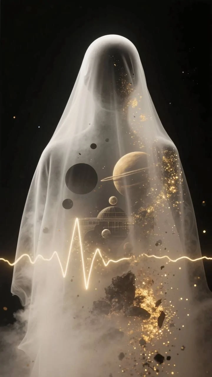 Жінка та планети під вуаллю із золотим імпульсом - символ душі, що схована під чужими очікуваннями та не живе своє життя