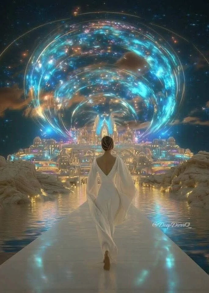 Жінка йде світлим шляхом до сяючого порталу майбутнього - символ реалізації свого призначення та місії Душі